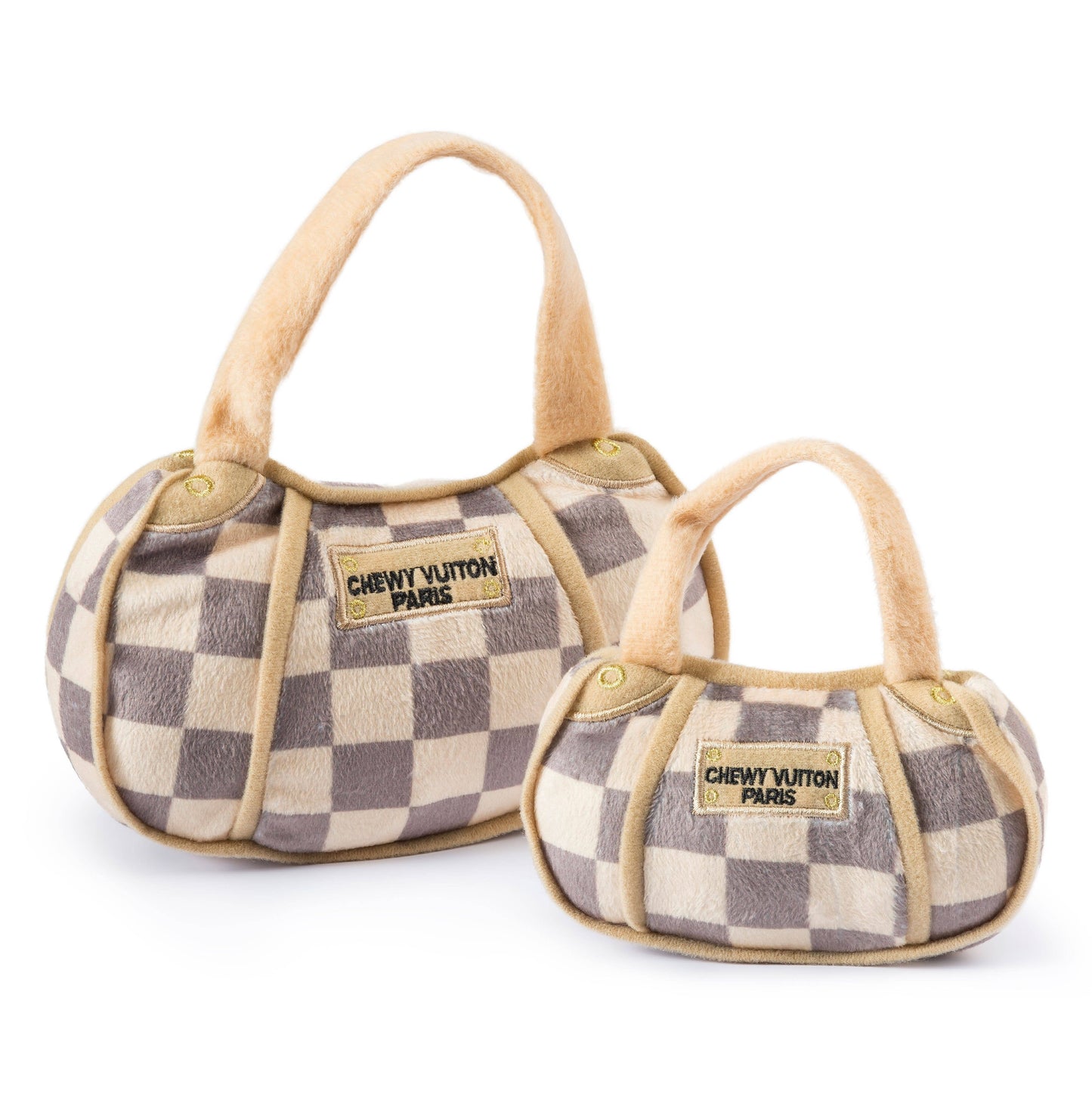 Jouet pour chien sac à main Chewy Vuiton à damier beige avec couineur: Grand