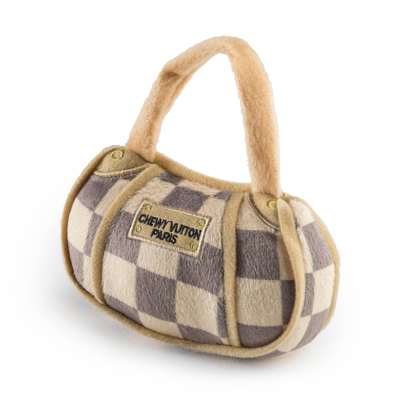 Jouet pour chien sac à main Chewy Vuiton à damier beige avec couineur: Grand