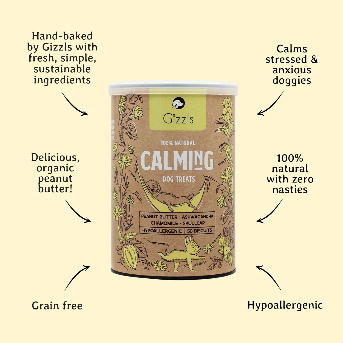 Snacks relajantes Gizzls 100 % naturales para perros